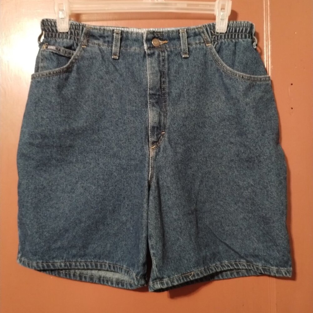 Vintage LEE Womens Denim Jean Shorts 18W Med Mom STRETCH Waist HIGH RISE Blue